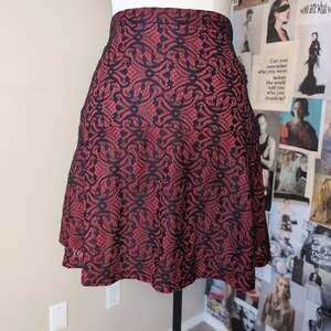 Black and Red Lace Pattern Flared Mini Skirt